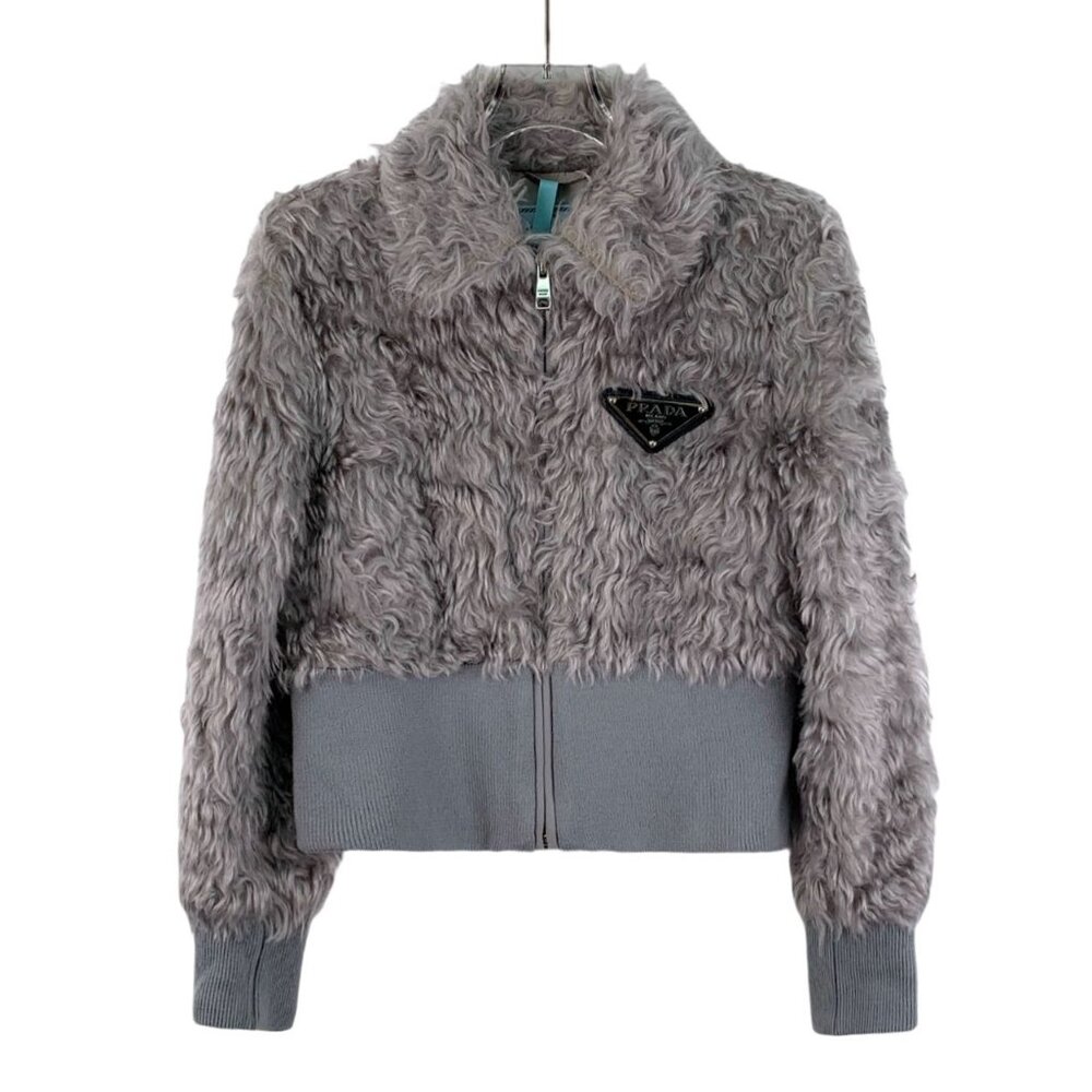 Prada Womens Gray Faux Fur & Knit Jacket With Triangular Logo Lapel Long Sleeves
